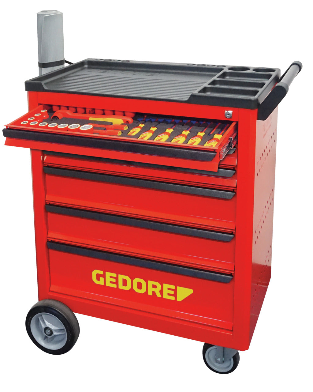 Gedore tool trolley with high voltage assortment with top drawer open.