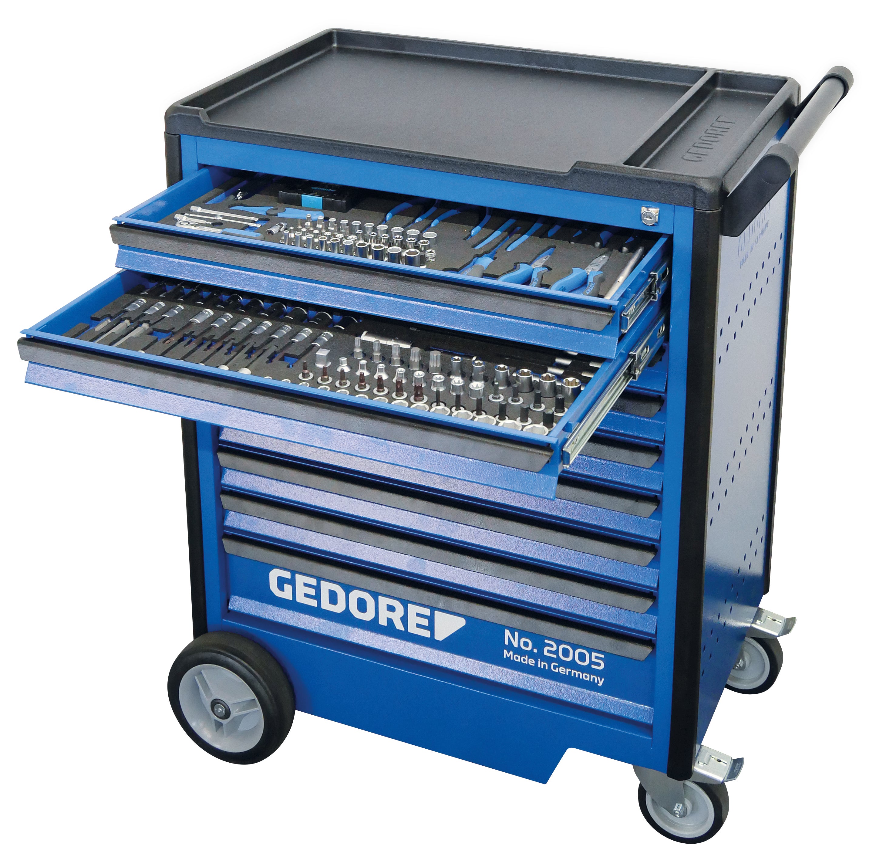 The Professsional All Inclusive  Package Workshop Trolley with assortment with 2 drawers of Gedore tools open. KL-4998-400