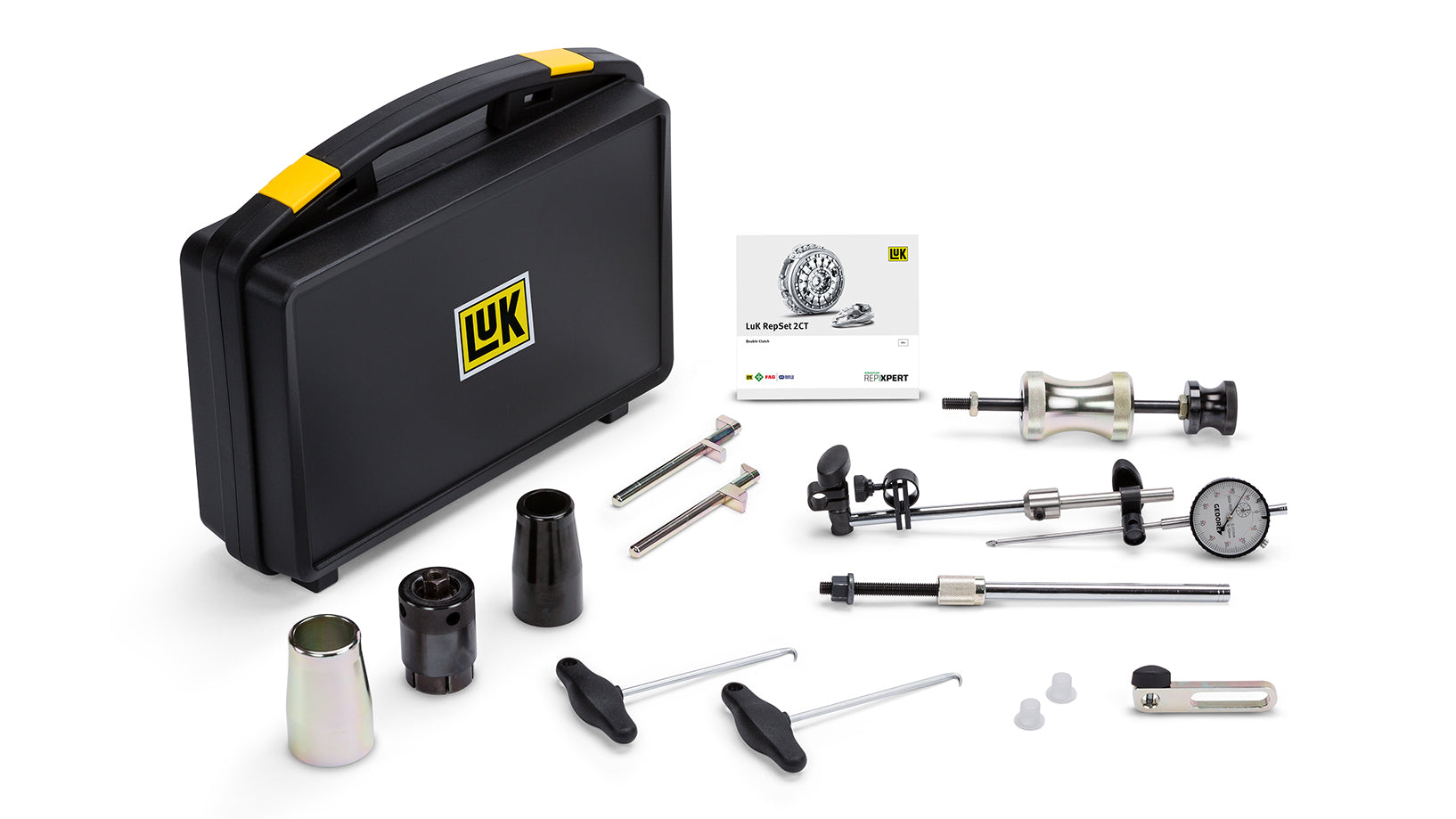 LuK 2CT tool kit for Volkswagen wet double clutches. Case sitting beside full contents of the kit